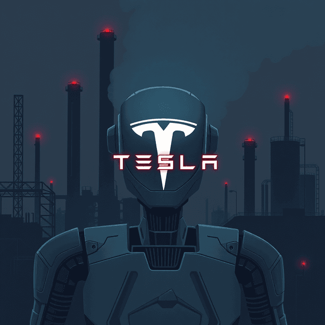 robot, factory, tesla logo, industrial, dark moody tones, editorial illustration