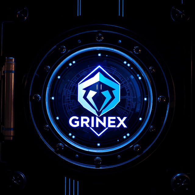 digital currency, vault, data breach, Grinex logo, sharp tech-noir photography style, cool steel blues and white highlights