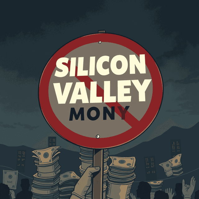 money, silicon valley, protest sign, dark moody tones, editorial illustration