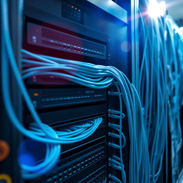 server rack, network cables, data center, cool steel blues, lens flare accents