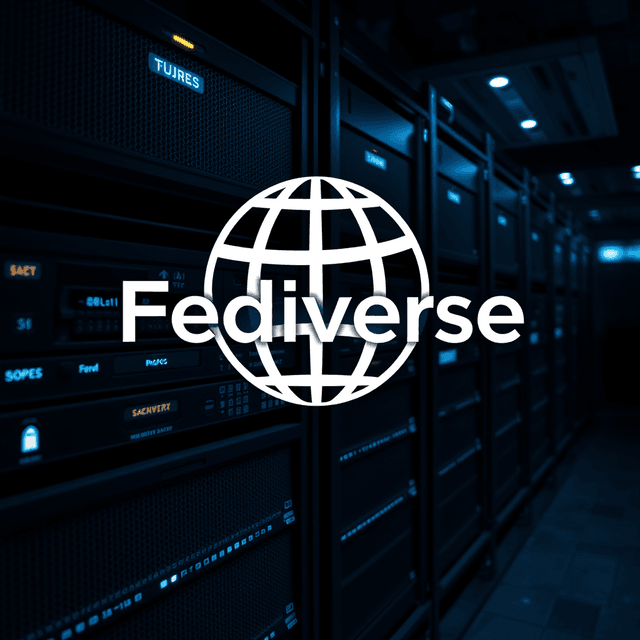 fediverse logo, server rack, code, copyright symbol, sharp tech-noir photography style, cool steel blues and white