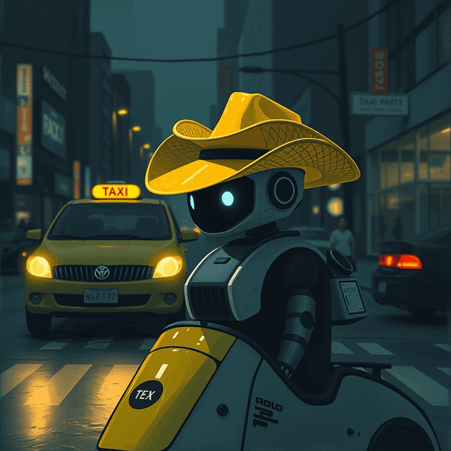 robotaxi, yellow cowboy hat, street, autonomous vehicle, dark moody tones, editorial illustration
