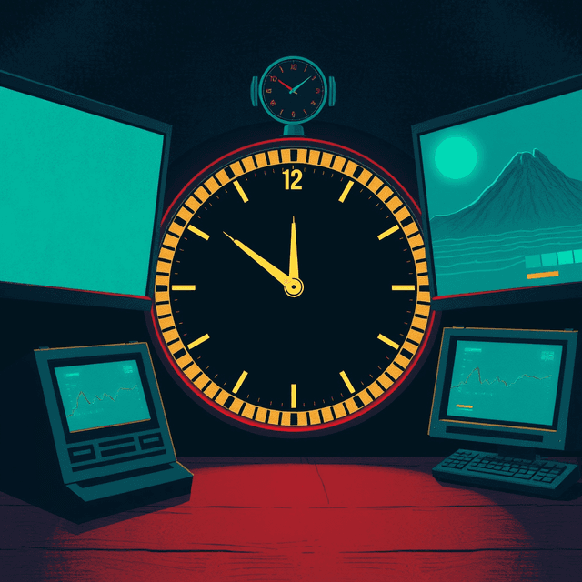 clock, countdown, screens, dark moody tones, editorial illustration