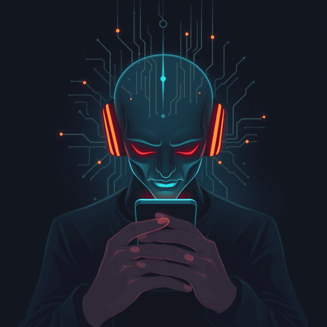 digital soul, data, smartphone, corporate logo, dark moody tones, editorial illustration