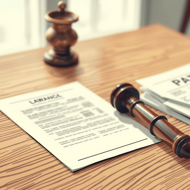 legal document, wooden table, blurry scribbles, Clean editorial illustration with digital decay, smooth gradients