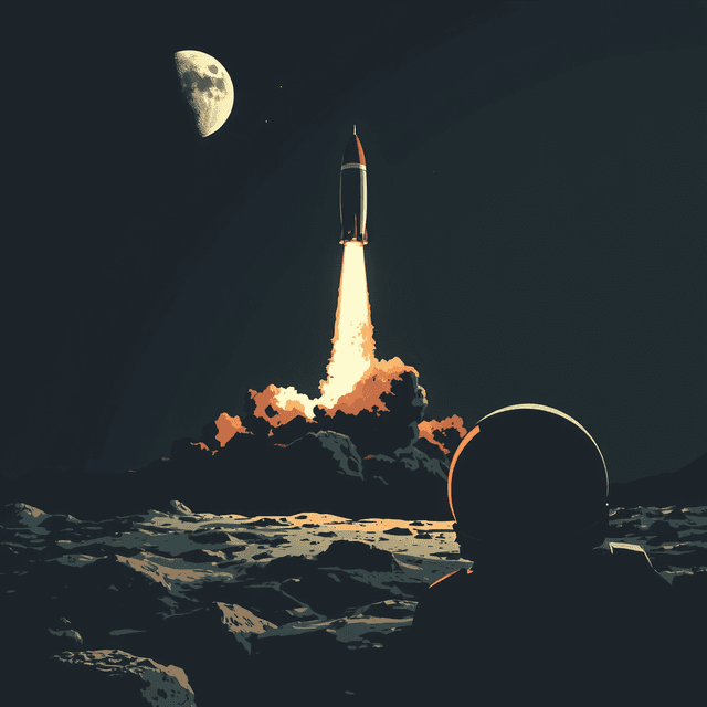 rocket launch, moon surface, astronaut helmet, dark moody tones, editorial illustration