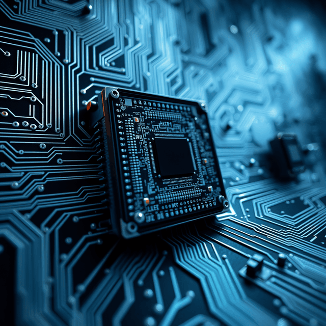 quantum computer, data encryption, circuit board, sharp tech-noir photography style, cool steel blues