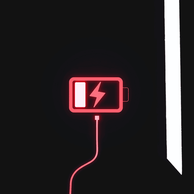 battery icon, red, vanishing, low power, dark moody tones, editorial illustration