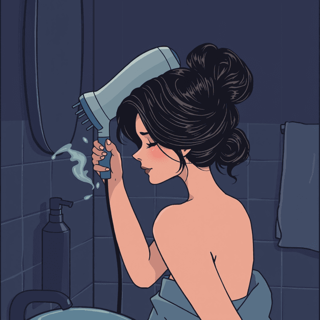 hair dryer, styled hair, bathroom, dark moody tones, editorial illustration