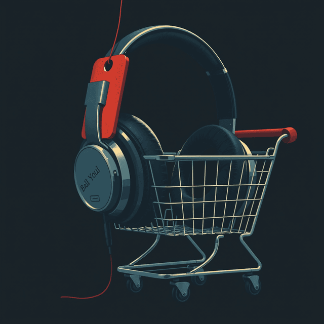 headphones, price tag, shopping cart, dark moody tones, editorial illustration