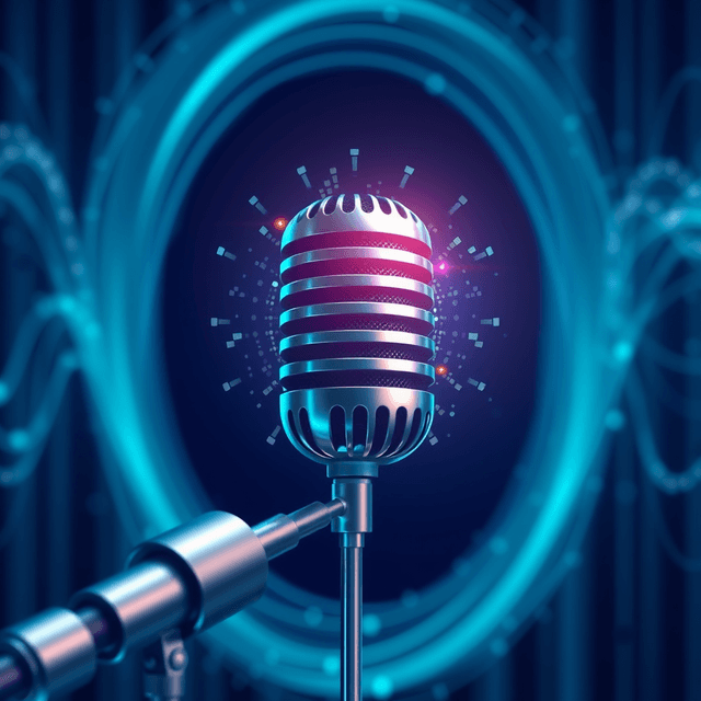 qubit, quantum computer, sound wave, microphone, cool blue and teal tones