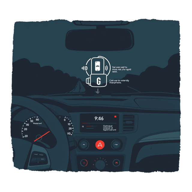 car dashboard, voice commands, AI assistant, dark moody tones, editorial illustration