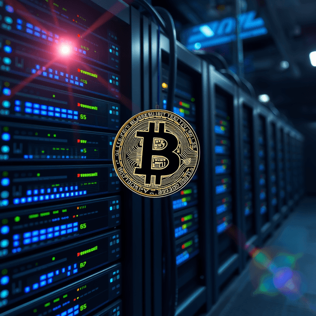 cryptocurrency exchange, server racks, data breach, cool steel blues, lens flare accents