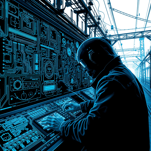 power grid schematics, industrial controller, hacking, data leak, sharp tech-noir photography style, cool steel blues and