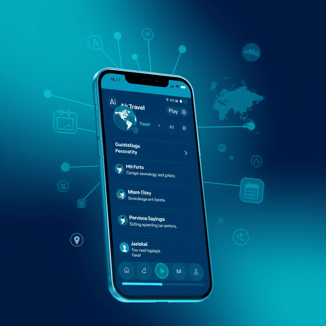 smartphone, AI assistant, travel planning, calendar, cool blue and teal tones, curious and analytical feel