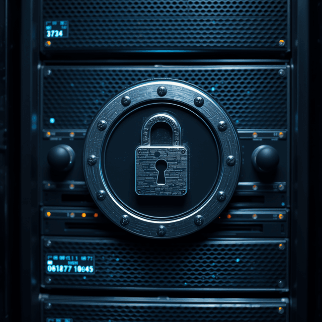 data server, privacy violation, secure lock, sharp tech-noir photography style, cool steel blues and white highlights