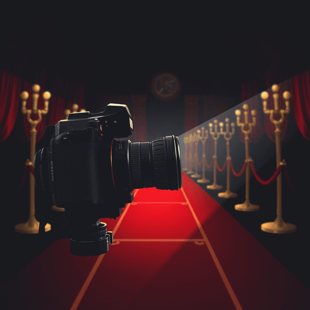 camera, award trophy, red carpet, dark moody tones, editorial illustration