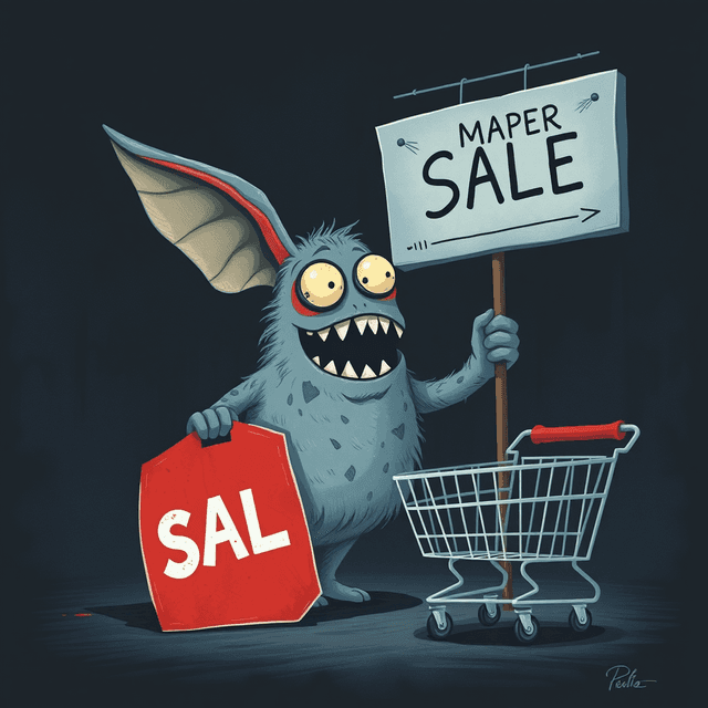 ear-stick, paper monster, sale sign, shopping cart, dark moody tones, editorial illustration