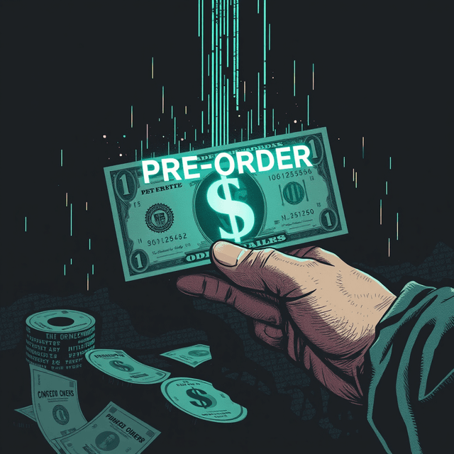 pre-order, currency, promise, glitch, dark moody tones, editorial illustration