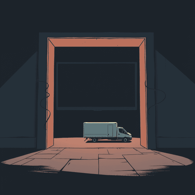 giant television screen, doorway, moving truck, dark moody tones, editorial illustration