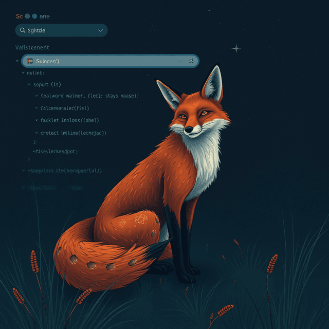 fox, browser, code, bug, dark moody tones, editorial illustration