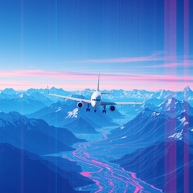 AI rendering, airplane, Alaska, mountains, digital decay, scan line artifacts, neon cyan