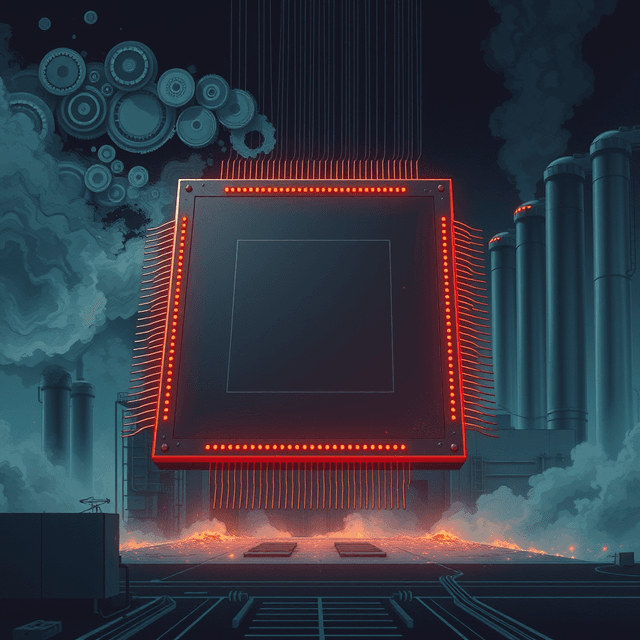 giant chip, silicon wafer, factory, dark moody tones, editorial illustration