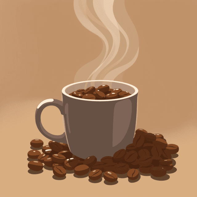 coffee beans, steaming mug, morning light, editorial illustration, dark moody tones