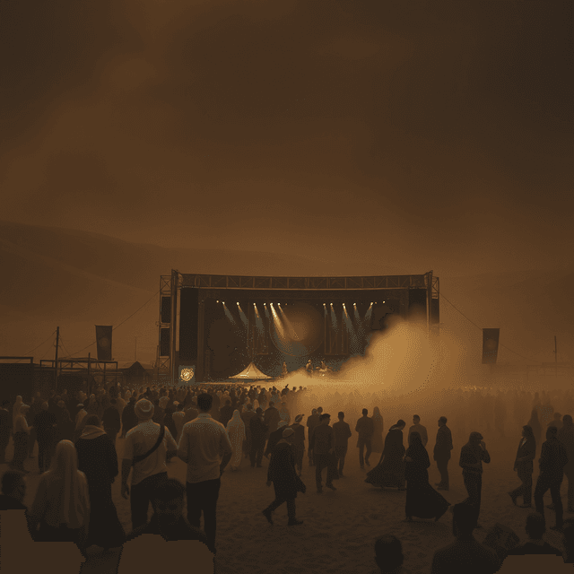 desert festival, crowd, stage, dust, dark moody tones, editorial illustration