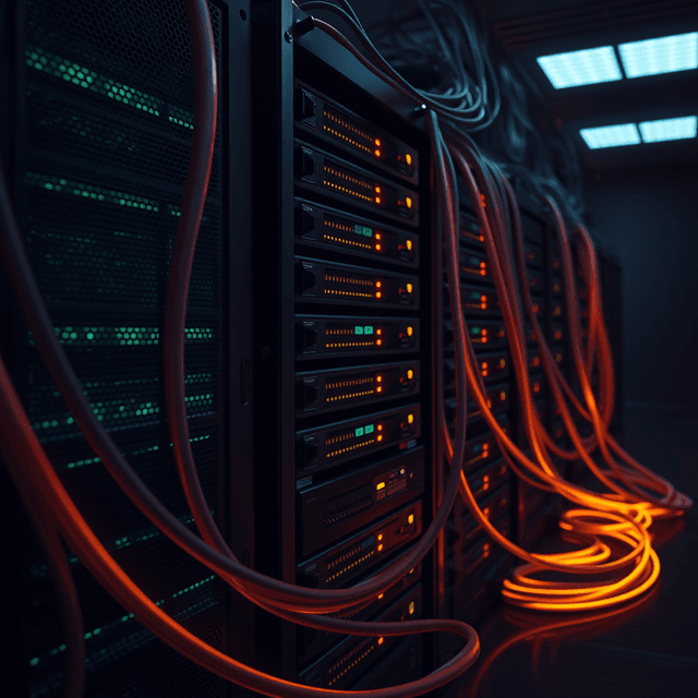 server rack, glowing cables, data center, dark moody tones, editorial illustration