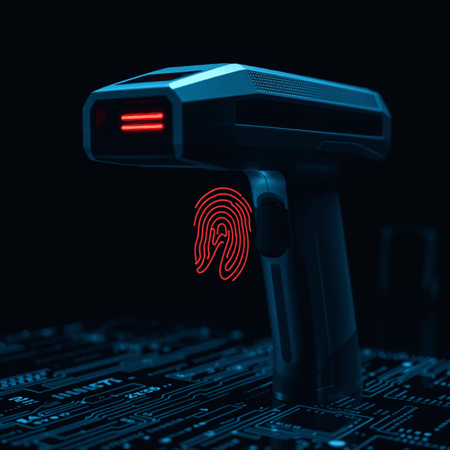 biometric scanner, digital data, dark background, sharp tech-noir photography style, cool steel blues