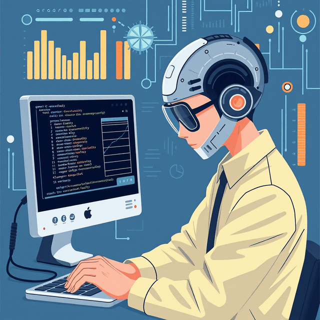 AI agent, code, data analysis, research, clean journalistic illustration, curious and analytical feel