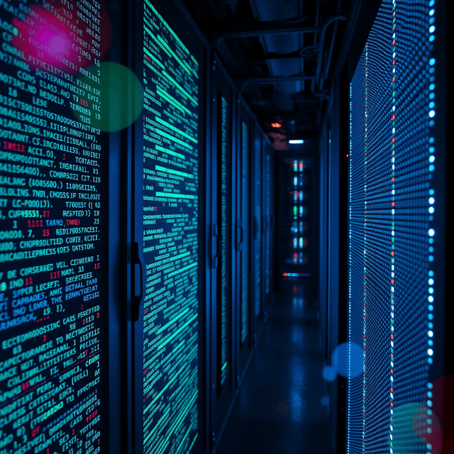 digital code, server rack, data breach, cool steel blues, lens flare accents