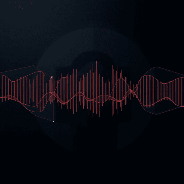 AI music generator, sound waves, abstract shapes, dark moody tones, editorial illustration
