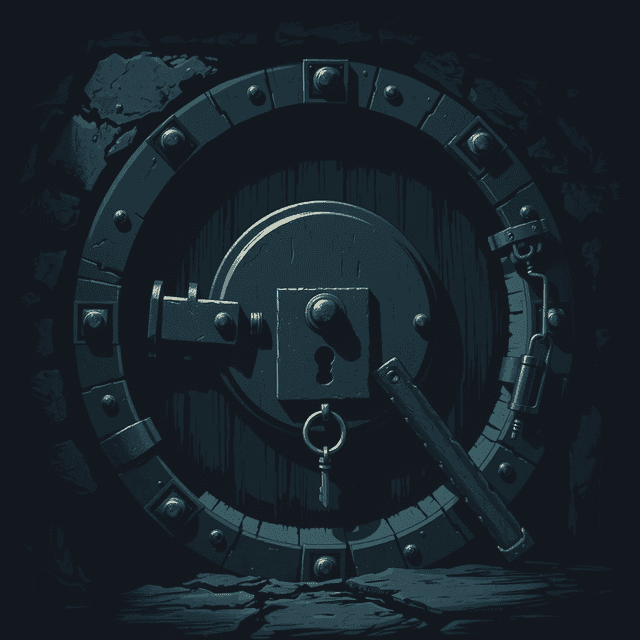 vault, crowbar, lock, key, dark moody tones, editorial illustration