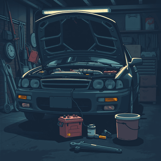 car battery, tools, workshop, dark moody tones, editorial illustration