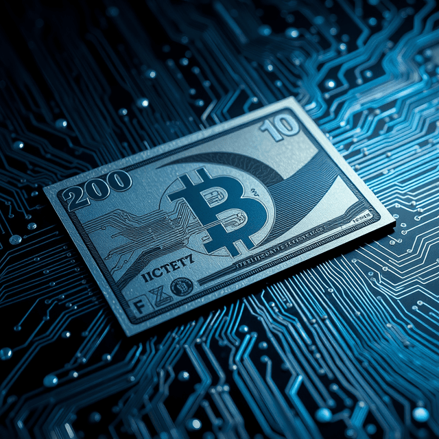 Digital currency, circuit board, dark background, sharp tech-noir photography style, cool steel blues