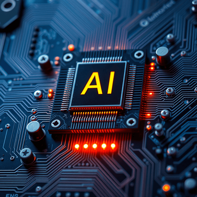 AI chip, server, circuit board, sharp tech-noir photography style, cool steel blues