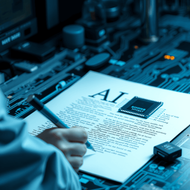 AI writing, scientific paper, computer chip, curious and analytical feel, cool blue and teal tones