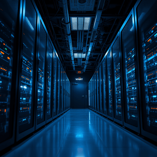 server farm, glowing lights, data center, sharp tech-noir photography style, cool steel blues