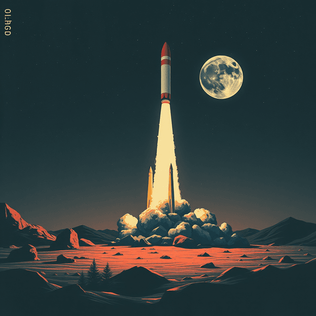 rocket launch, moon surface, retro recorder, dark moody tones, editorial illustration