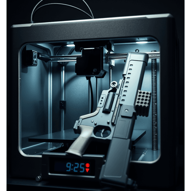 3D printer, firearm component, software filter, sharp tech-noir photography style, cool steel blues and white highlights