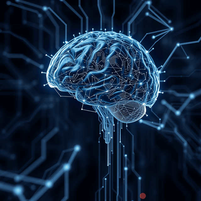 AI brain, abstract data flow, digital test, sharp tech-noir photography style, cool steel blues