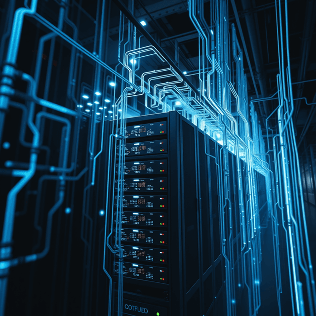 data silo, abstract data flow, server rack, sharp tech-noir photography style, cool steel blues