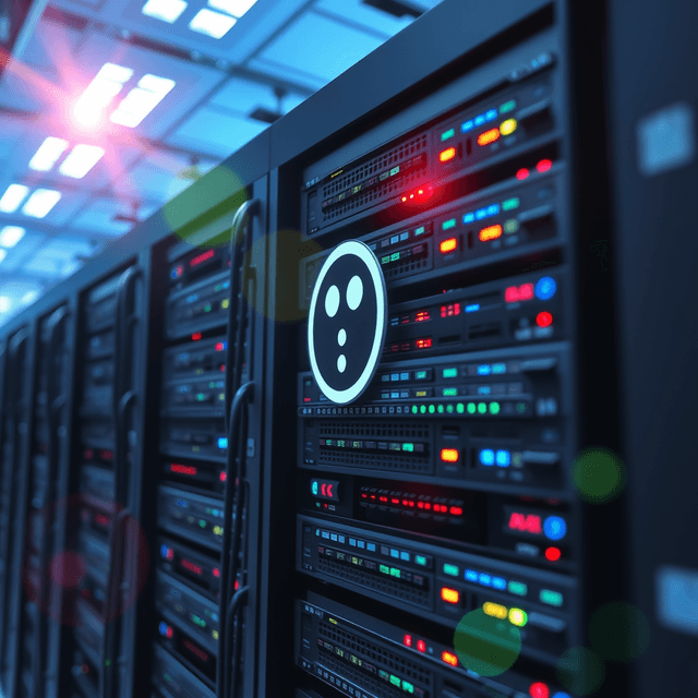 malware, server rack, data breach, cool steel blues, lens flare accents