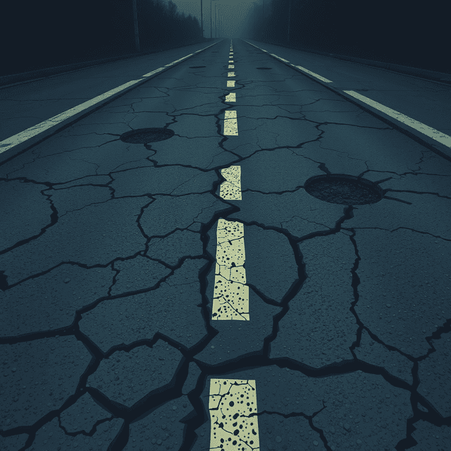 asphalt road, cracks, potholes, urban, dark moody tones, editorial illustration