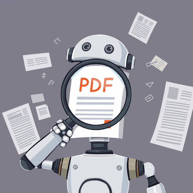 PDF document, AI robot, magnifying glass, clean journalistic illustration, curious and analytical feel