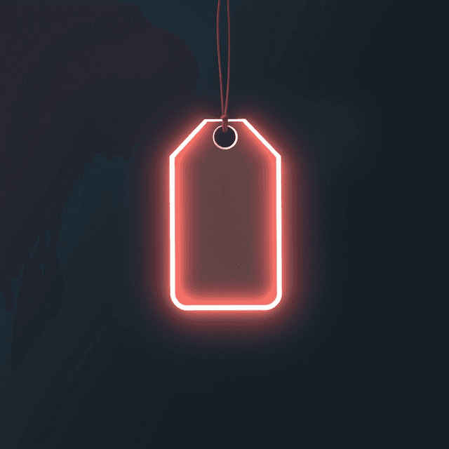 glowing rectangle, discount tag, empty space, dark moody tones, editorial illustration