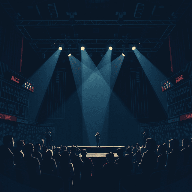 stage, spotlight, competition, dark moody tones, editorial illustration