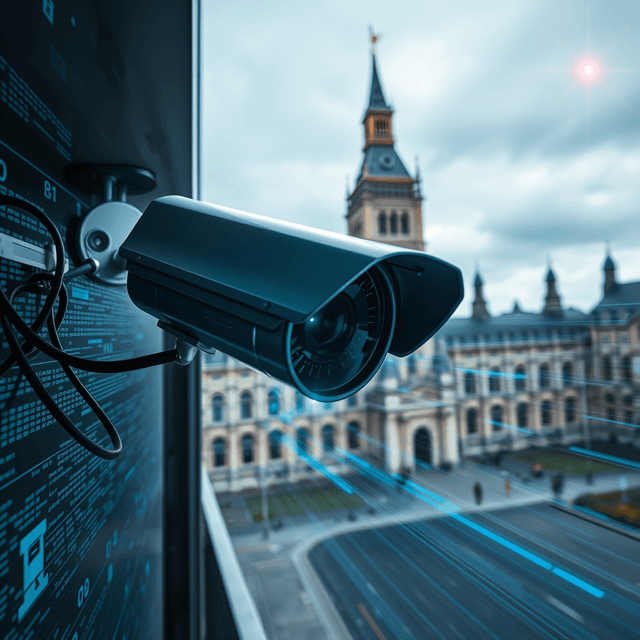 surveillance camera, data stream, parliament building, cool steel blues, lens flare accents